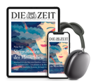 Titelcover von Die Zeit auf Tablet und Smartphone und daneben sind Kopfhörer