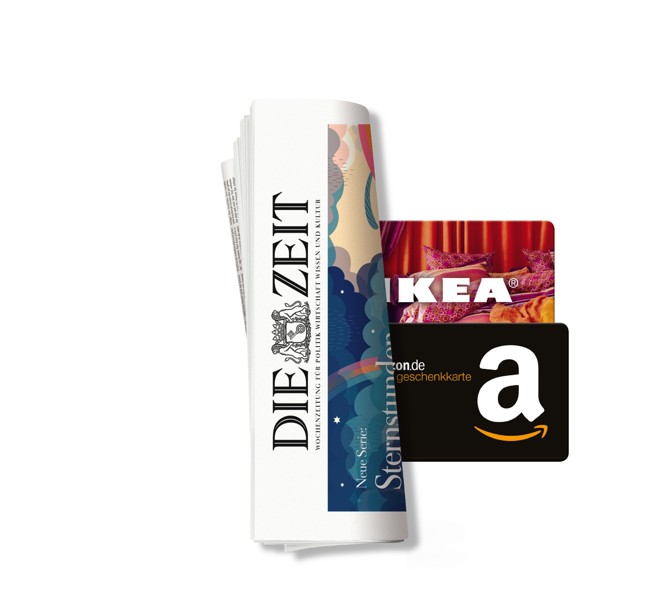 Titelcover als Zeitungsrolle von Die Zeit und daneben sind Gutscheinkarten von Ikea und Amazon